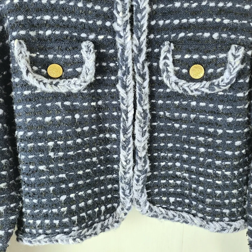 J. Crew Cropped Marled Yarn Navy Blue Merino Wool Alpaca Lady Jacket Blazer - Picture 7 of 13